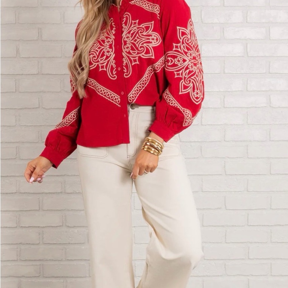 Red Embroidered Button-Down Shirt